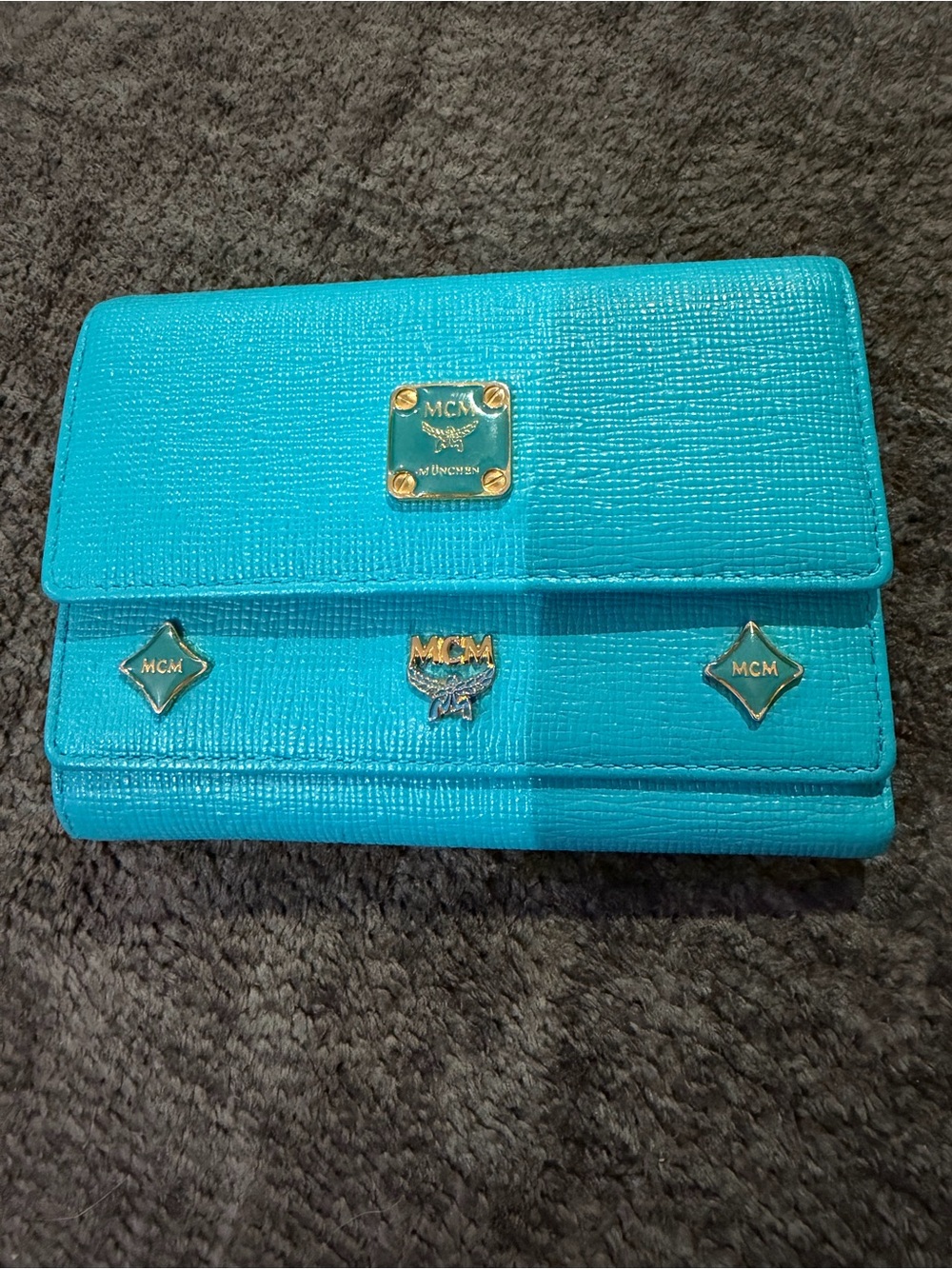 MCM Turquoise Textured Leather Logo Fold-Over Wallet